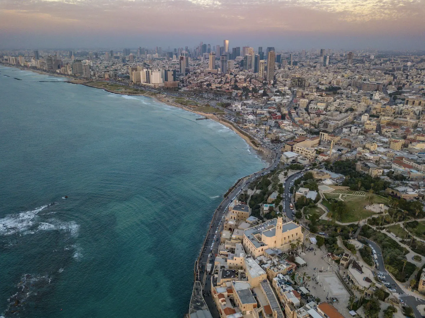 Tel Aviv skyline at golden hour — sunset over the Mediterranean coastline